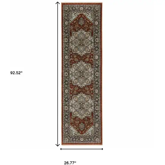 Blue Beige Grey Gold Green And Rust Red Oriental Power Loom Stain Resistant Runner Rug With Fringe Photo 10