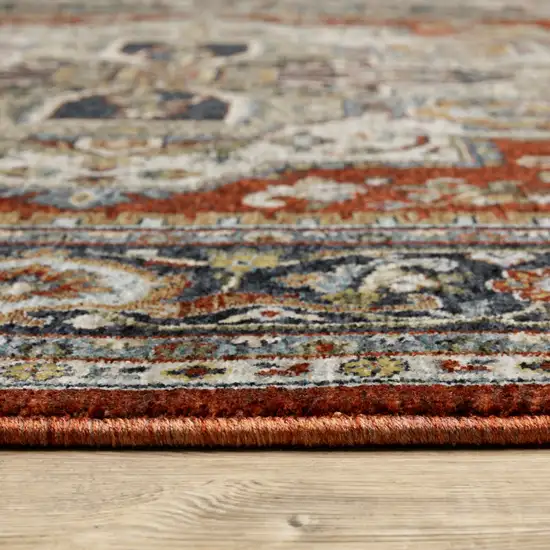 Blue Beige Grey Gold Green And Rust Red Oriental Power Loom Stain Resistant Runner Rug With Fringe Photo 9