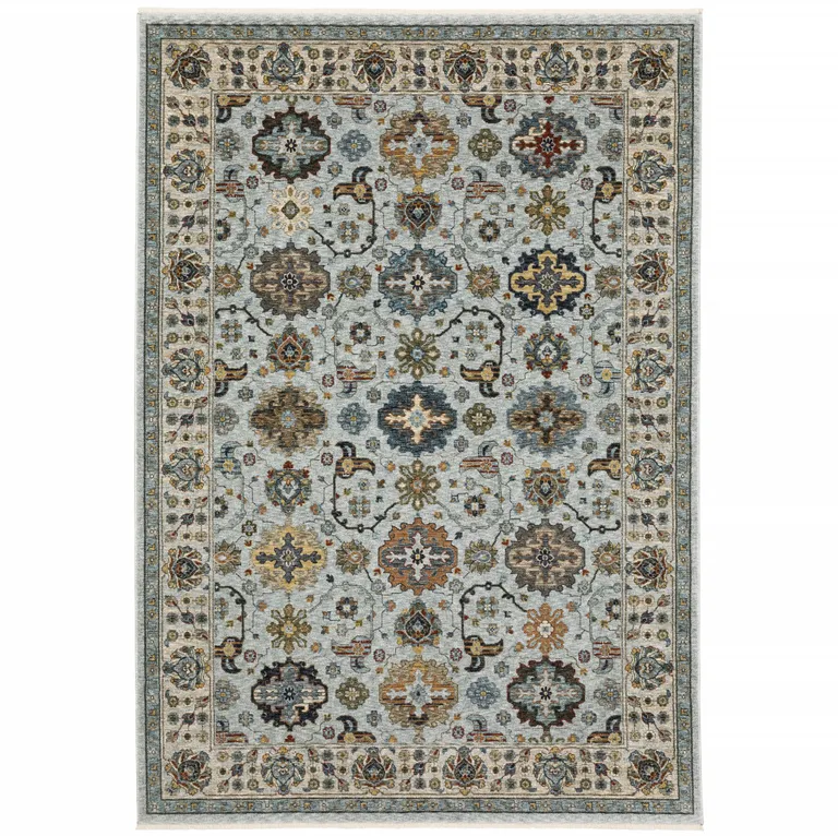 Blue Beige Grey Green Yellow And Rust Oriental Power Loom Stain Resistant Area Rug With Fringe Photo 1