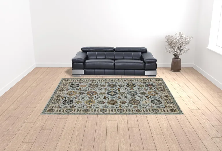 Blue Beige Grey Green Yellow And Rust Oriental Power Loom Stain Resistant Area Rug With Fringe Photo 3