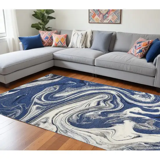 Blue Beige Machine Woven Marble Indoor Area Rug Photo 1