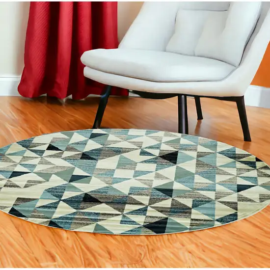 8' Blue Round Geometric Dhurrie Area Rug Photo 1