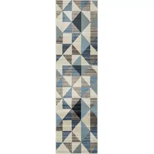 Photo of Blue Beige Nested Diamonds Modern Runner Rug