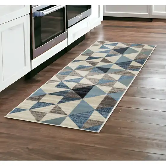 8' Blue Geometric Dhurrie Runner Rug Photo 1