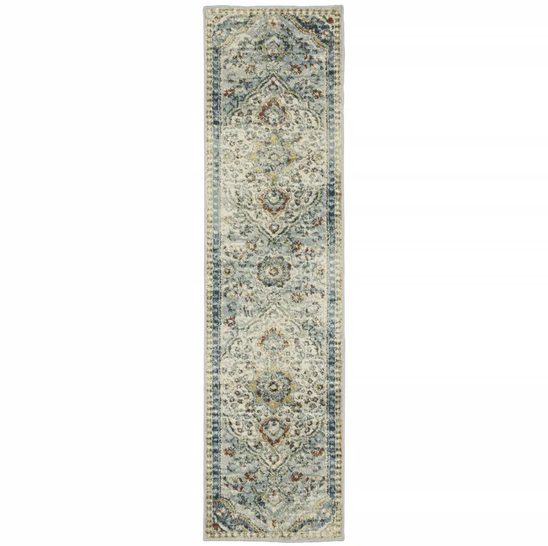 Blue Beige Rust Gold And Teal Oriental Power Loom Stain Resistant Runner Rug Photo 1