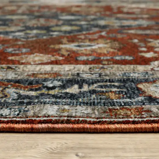 Blue Beige Tan Brown Gold And Rust Red Oriental Power Loom Stain Resistant Area Rug With Fringe Photo 4