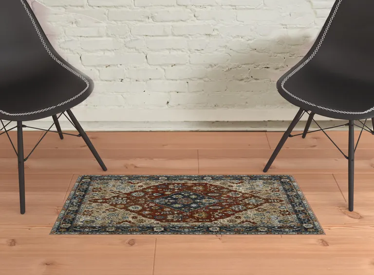 Blue Beige Tan Brown Gold And Rust Red Oriental Power Loom Stain Resistant Area Rug With Fringe Photo 3