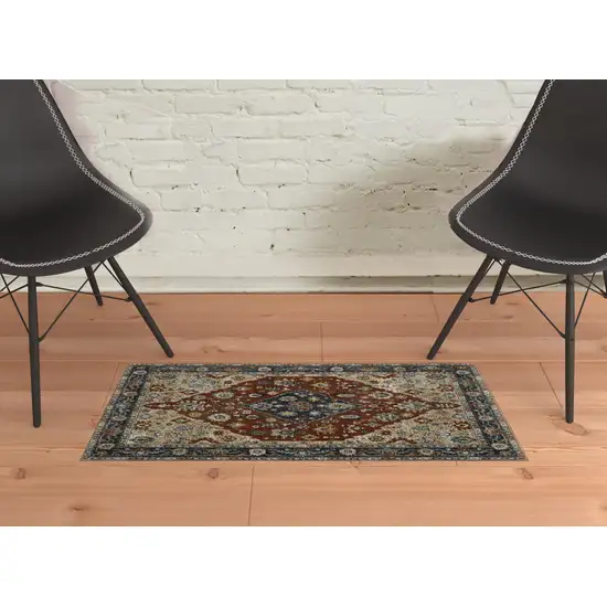 Blue Beige Tan Brown Gold And Rust Red Oriental Power Loom Stain Resistant Area Rug With Fringe Photo 3