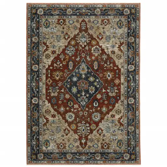 Blue Beige Tan Brown Gold And Rust Red Oriental Power Loom Stain Resistant Area Rug With Fringe Photo 1