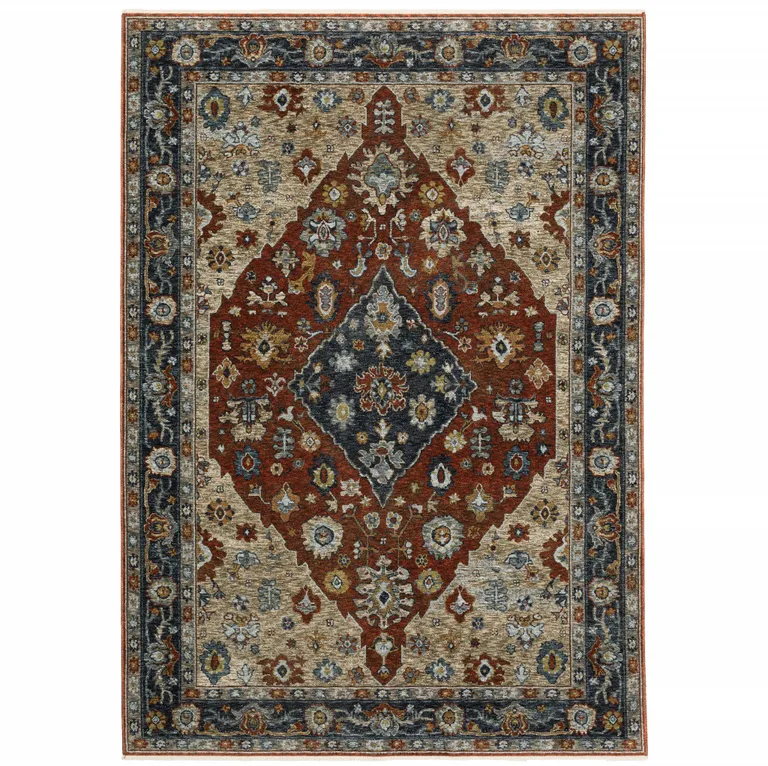 Blue Beige Tan Brown Gold And Rust Red Oriental Power Loom Stain Resistant Area Rug With Fringe Photo 1