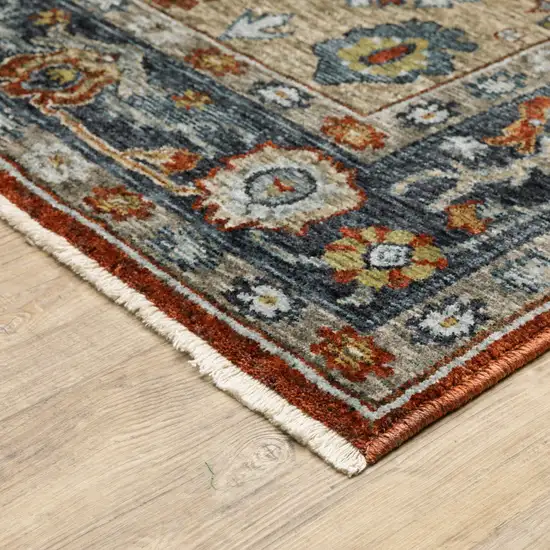 Blue Beige Tan Brown Gold And Rust Red Oriental Power Loom Stain Resistant Area Rug With Fringe Photo 6