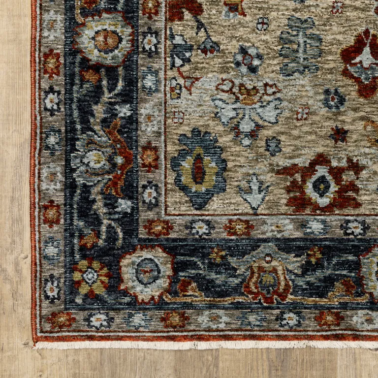 Blue Beige Tan Brown Gold And Rust Red Oriental Power Loom Stain Resistant Area Rug With Fringe Photo 2