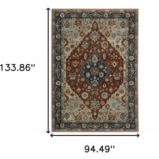 Blue and Beige Oriental Power Loom Area Rug With Fringe Photo 3