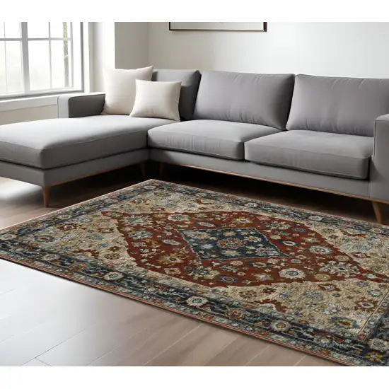 Blue and Beige Oriental Power Loom Area Rug With Fringe Photo 1