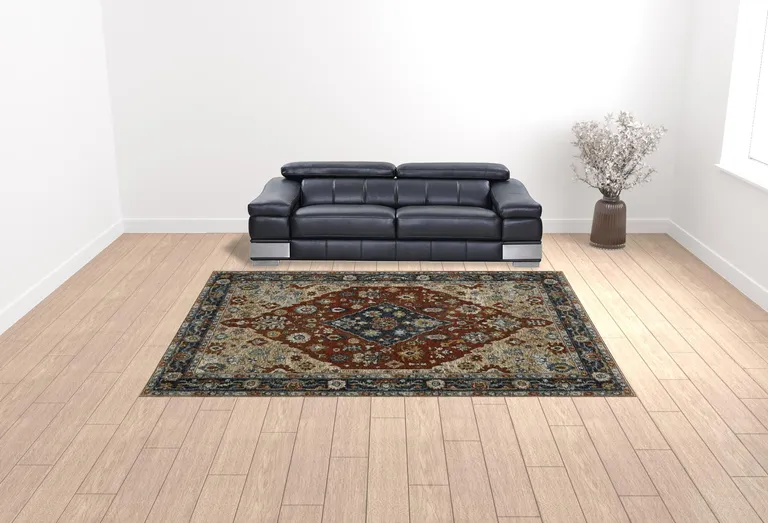 Blue Beige Tan Brown Gold And Rust Red Oriental Power Loom Stain Resistant Area Rug With Fringe Photo 3