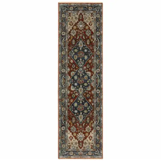 Blue Beige Tan Brown Gold And Rust Red Oriental Power Loom Stain Resistant Runner Rug With Fringe Photo 1