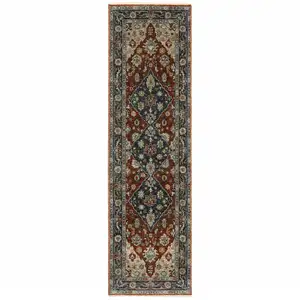 Photo of Blue Beige Tan Brown Gold And Rust Red Oriental Power Loom Stain Resistant Runner Rug With Fringe