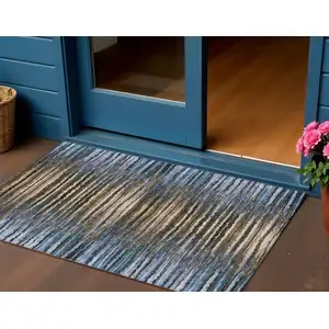 Photo of Blue Brown And Sky Blue Striped Washable Indoor Outdoor Area Rug