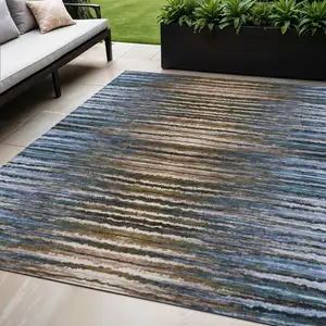 Photo of Blue Brown And Sky Blue Striped Washable Indoor Outdoor Area Rug