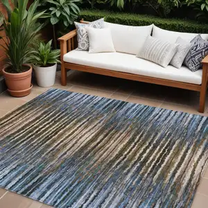 Photo of Blue Brown And Sky Blue Striped Washable Indoor Outdoor Area Rug