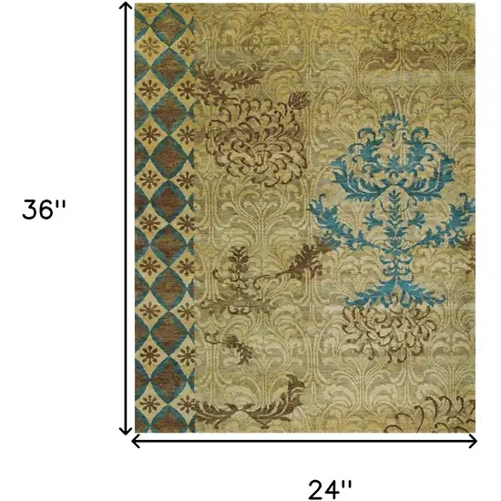 Blue Brown and Tan Floral Hand Knotted Area Rug Photo 3