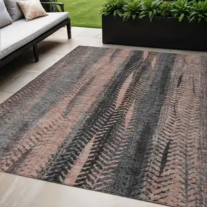 Photo of Blue Charcoal And Copper Botanical Leaves Washable Indoor Outdoor Area Rug