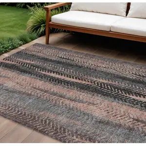 Photo of Blue Charcoal And Copper Botanical Leaves Washable Indoor Outdoor Area Rug