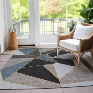 Photo of Blue Charcoal And Gray Geometric Washable Indoor Outdoor Area Rug