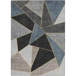 Photo of Blue Charcoal And Gray Geometric Washable Indoor Outdoor Area Rug