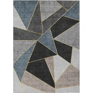 Photo of Blue Charcoal And Gray Geometric Washable Indoor Outdoor Area Rug