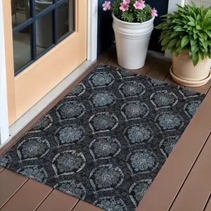 Photo of Blue Charcoal And Gray Medallion Washable Indoor Outdoor Area Rug