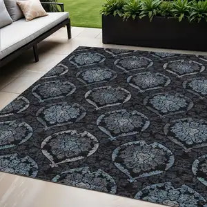 Photo of Blue Charcoal And Gray Medallion Washable Indoor Outdoor Area Rug