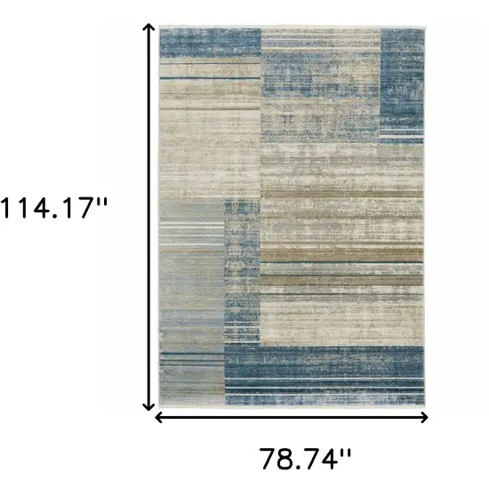 6' X 9' Blue Dark Blue Teal Grey Ivory Beige And Tan Geometric Power Loom Stain Resistant Area Rug With Fringe Photo 3