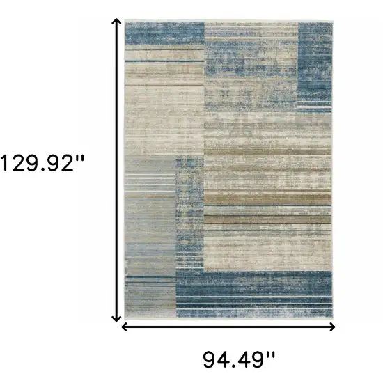 Blue Dark Blue Teal Grey Ivory Beige And Tan Geometric Power Loom Stain Resistant Area Rug With Fringe Photo 3