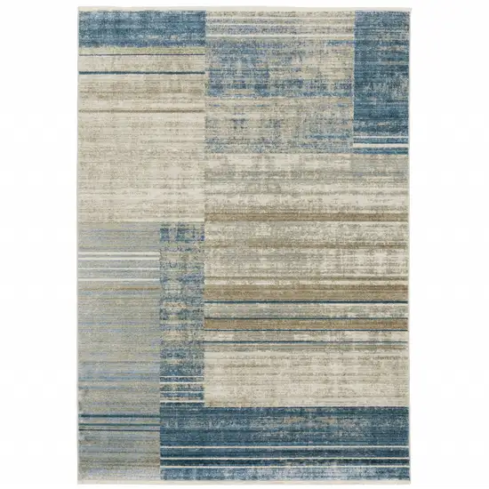 Blue Dark Blue Teal Grey Ivory Beige And Tan Geometric Power Loom Stain Resistant Area Rug With Fringe Photo 1