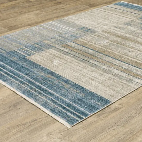 Blue Dark Blue Teal Grey Ivory Beige And Tan Geometric Power Loom Stain Resistant Area Rug With Fringe Photo 5