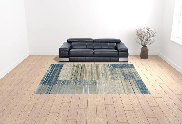 Blue Dark Blue Teal Grey Ivory Beige And Tan Geometric Power Loom Stain Resistant Area Rug With Fringe Photo 2