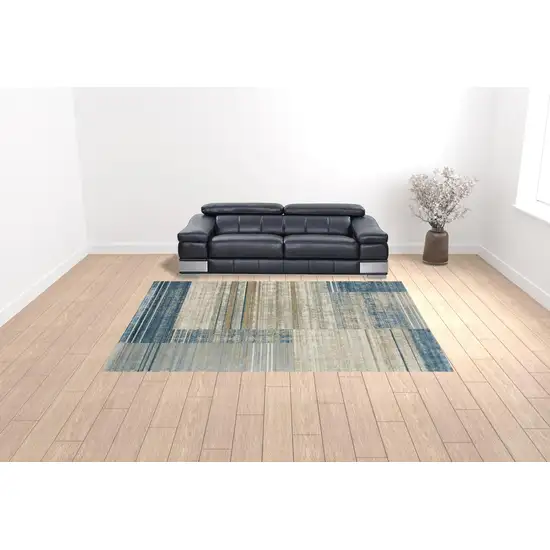 Blue Dark Blue Teal Grey Ivory Beige And Tan Geometric Power Loom Stain Resistant Area Rug With Fringe Photo 2