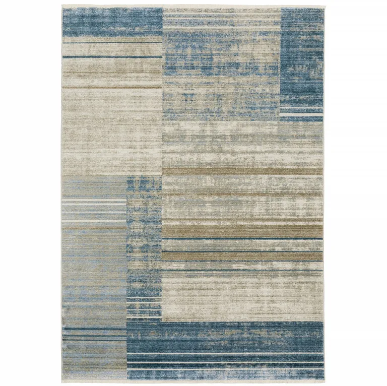 Blue Dark Blue Teal Grey Ivory Beige And Tan Geometric Power Loom Stain Resistant Area Rug With Fringe Photo 1