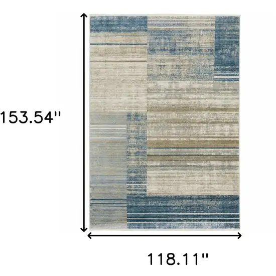 Blue Dark Blue Teal Grey Ivory Beige And Tan Geometric Power Loom Stain Resistant Area Rug With Fringe Photo 3