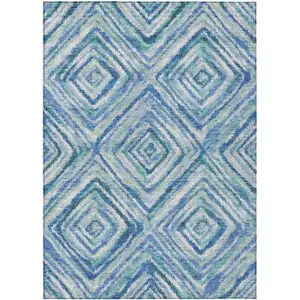 Photo of Blue Denim Blue And Green Geometric Washable Indoor Outdoor Area Rug