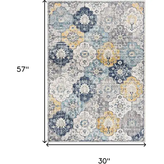 Blue and Yellow Floral Distressed Area Rug Photo 3