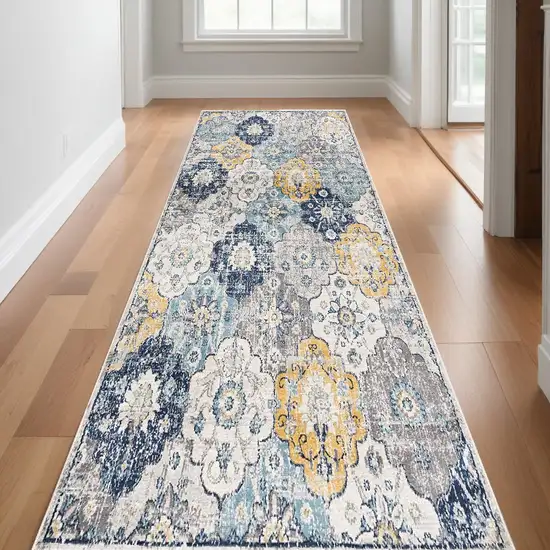 Blue and Yellow Floral Runner Rug Photo 1