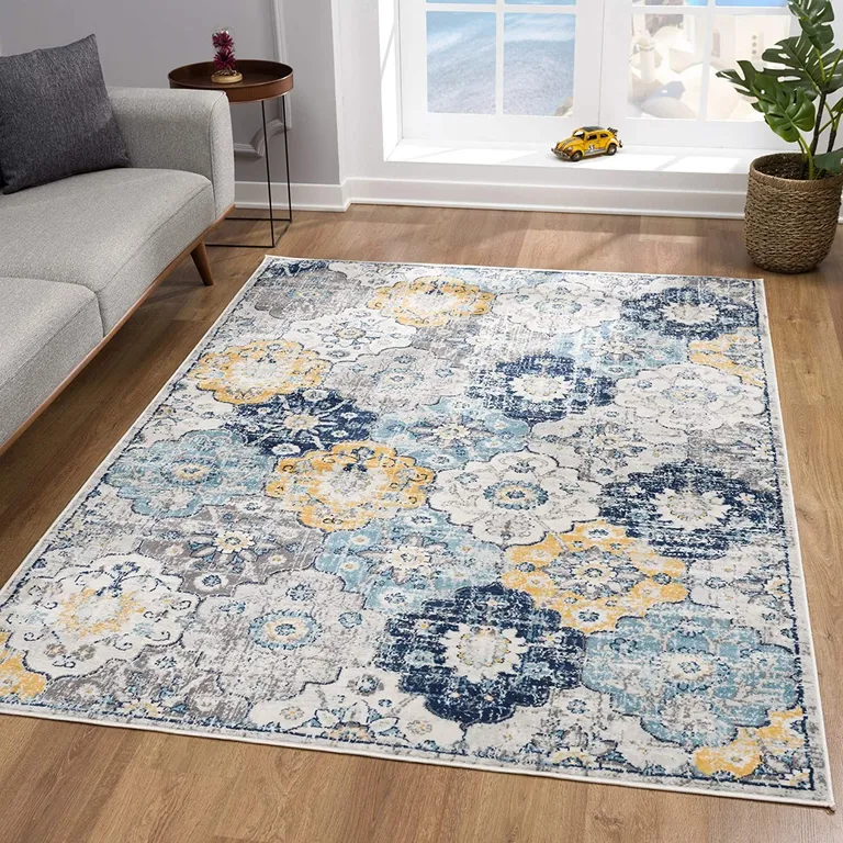 Blue Distressed Floral Runner Rug Photo 5