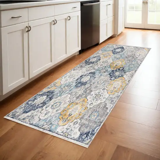 8' Blue Floral Dhurrie Runner Rug Photo 1