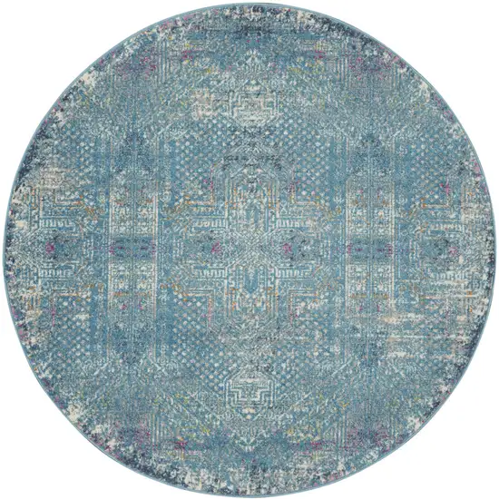 5' Blue Round Southwestern Power Loom Area Rug Photo 9