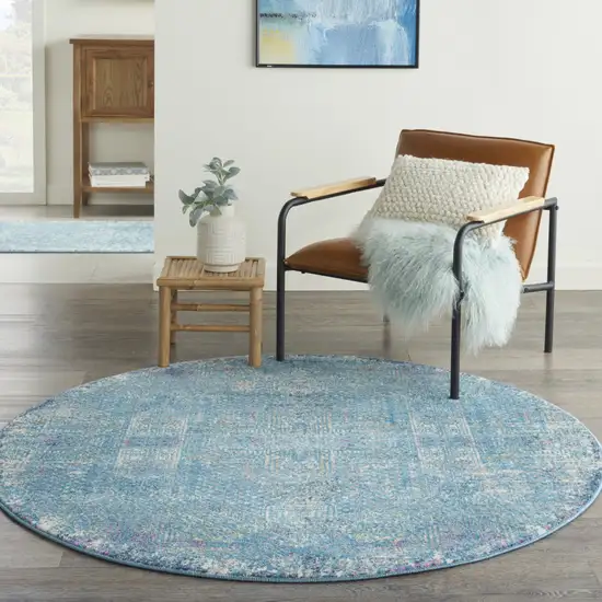 5' Blue Round Southwestern Power Loom Area Rug Photo 6