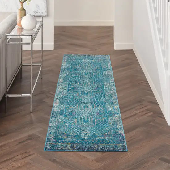 10' Blue Southwestern Power Loom Runner Rug Photo 6