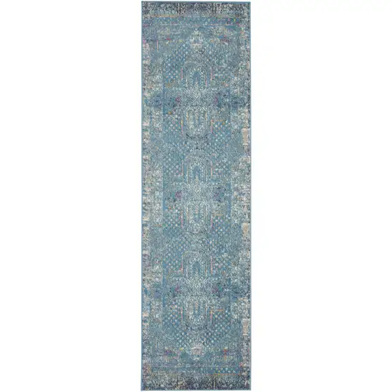 10' Blue And Ivory Southwestern Distressed Runner Rug Photo 1