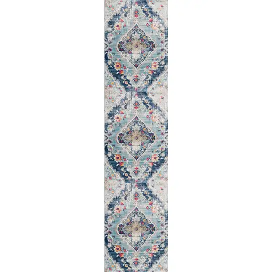 Blue and Ivory Medallion Runner Rug Photo 7